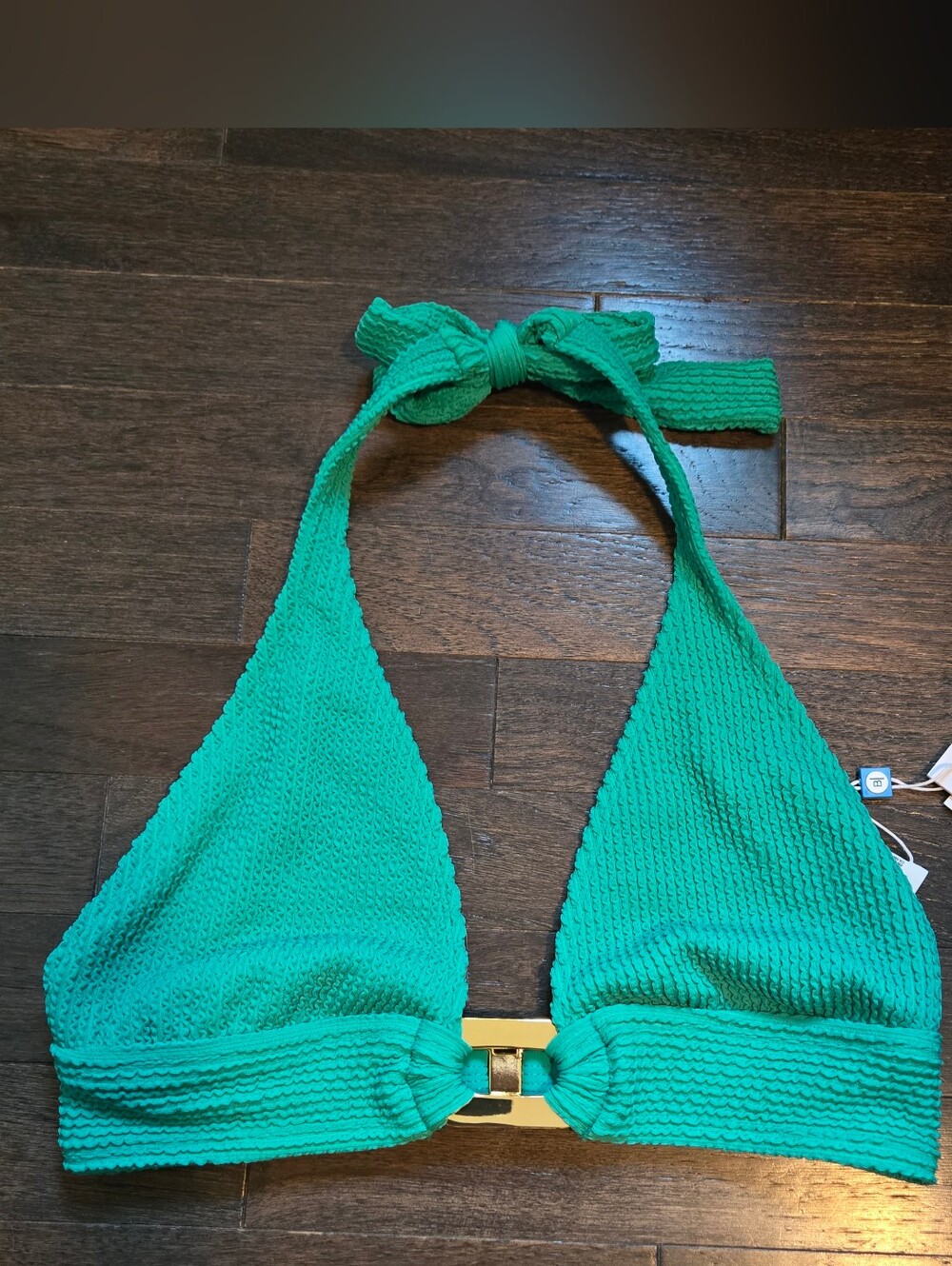 BNWT Halter Bikini Green Textured Swim Top with Gold Accents SZ 10
